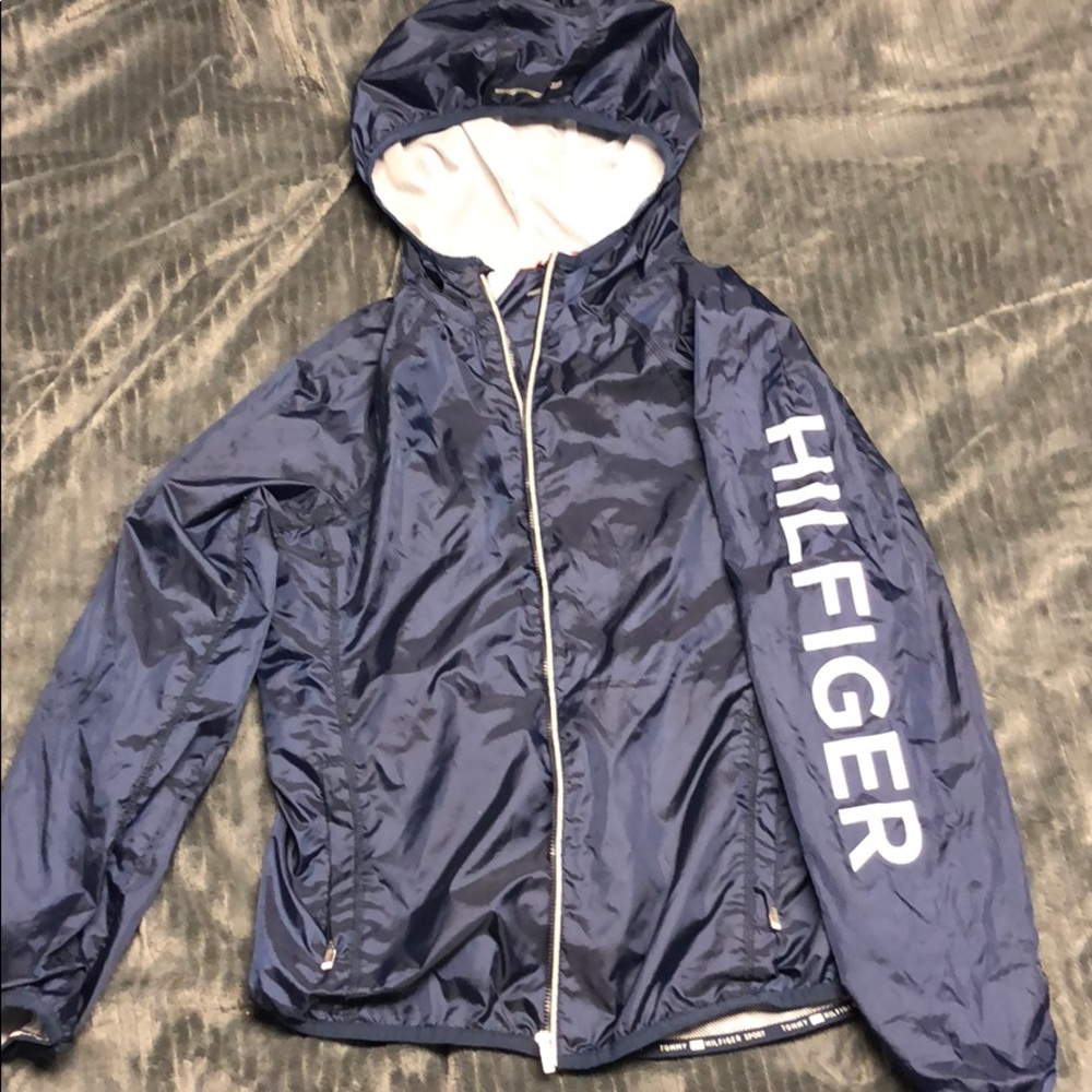 Deep blue Tommy Hilfiger rain jacket.